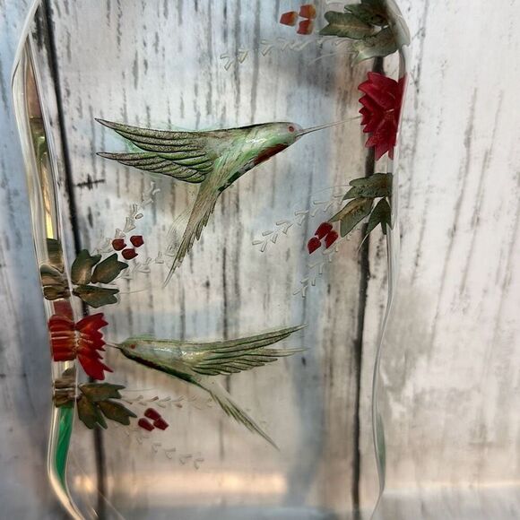 Lucite Hummingbirds w/Flowers Acrylic Carved Sculpture Signed - Picture 2 of 7